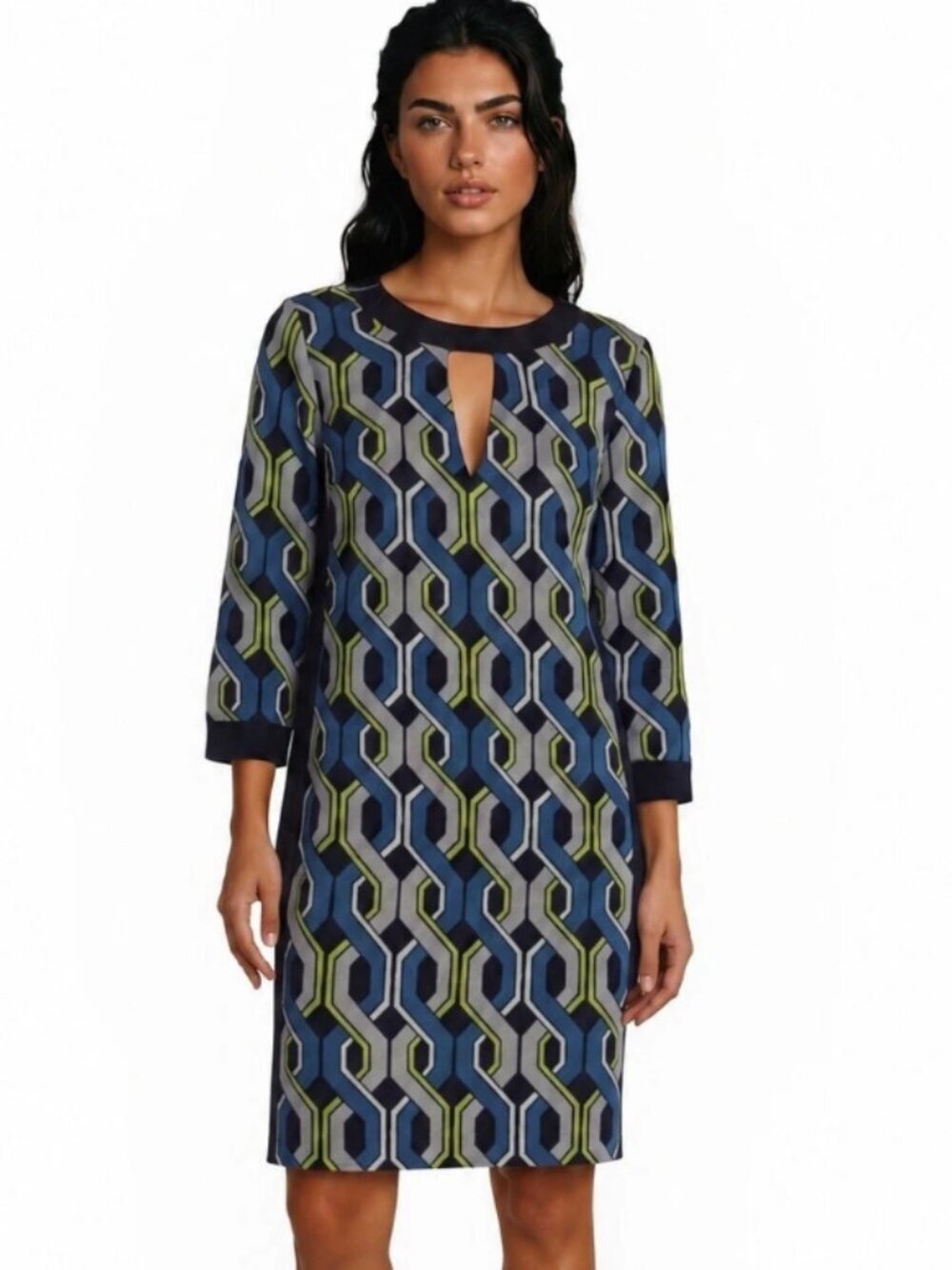Trina Turk Geometric Shift Dress Blue Grey Women's Size 4 Keyhole Preppy Summer